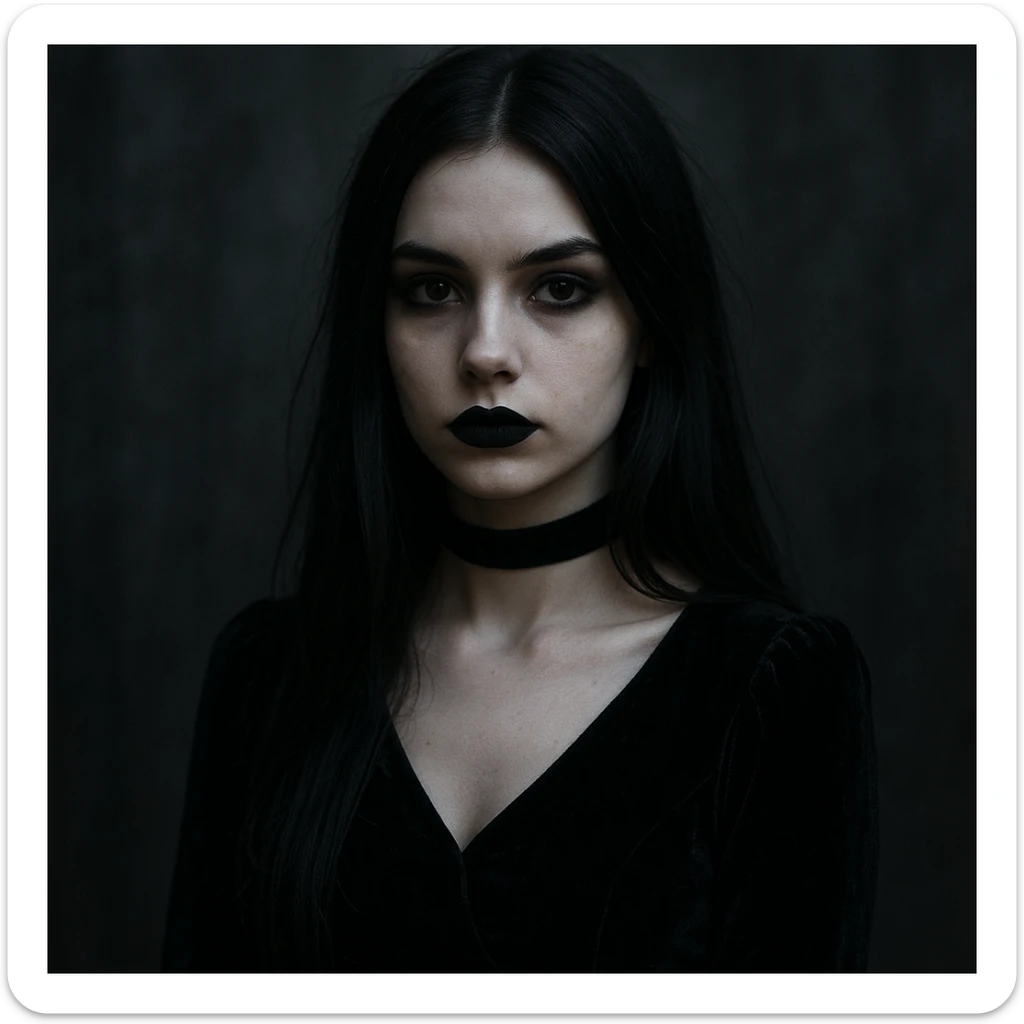 gothic girl, gothic style, long dark hair, velvet choker, moody atmosphere sticker