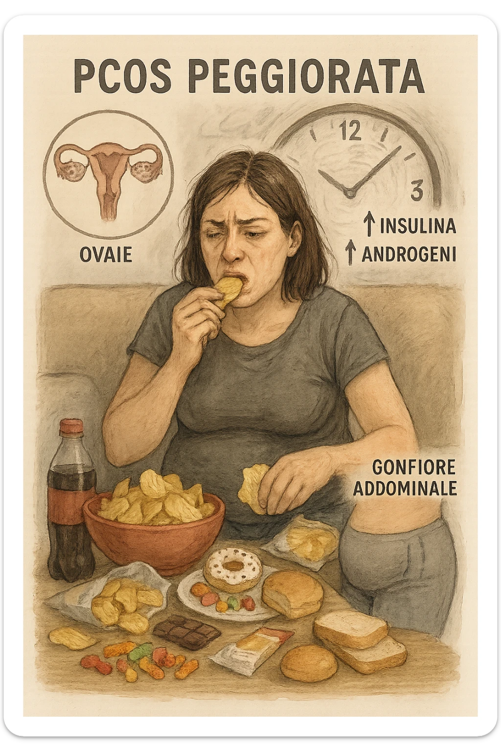 Donna tra i 25 e i 35 anni seduta sul divano o a un tavolo disordinato, circondata da cibi sparsi e poco sani: patatine, dolci, pane bianco, snack confezionati, bibite. Mangiando di fretta, ha un’espressione stanca e frustrata. Intorno a lei, in trasparenza o come illustrazione simbolica, si vedono gli effetti della PCOS peggiorata: ovaie con cisti multiple, squilibrio ormonale (↑ insulina, ↑ androgeni), gonfiore addominale. Sullo sfondo, orologio che corre o caos visivo che comunica disorganizzazione alimentare. Colori spenti e atmosfera stanca. Stile realistico con elementi simbolici e informativi. in italiano sticker