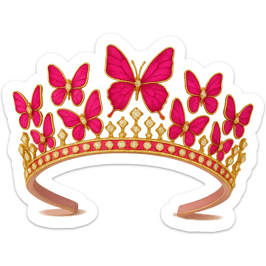 Increase the vibrancy and saturation of the pink enamel butterflies on the crown, making them more vibrant and saturated in their pink enamel shades. Keep the sparkling gems and pink base intact. No background. sticker