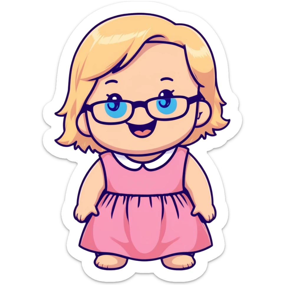 Blonde baby with blue eyes,  black glasses, pink dress giggling sticker