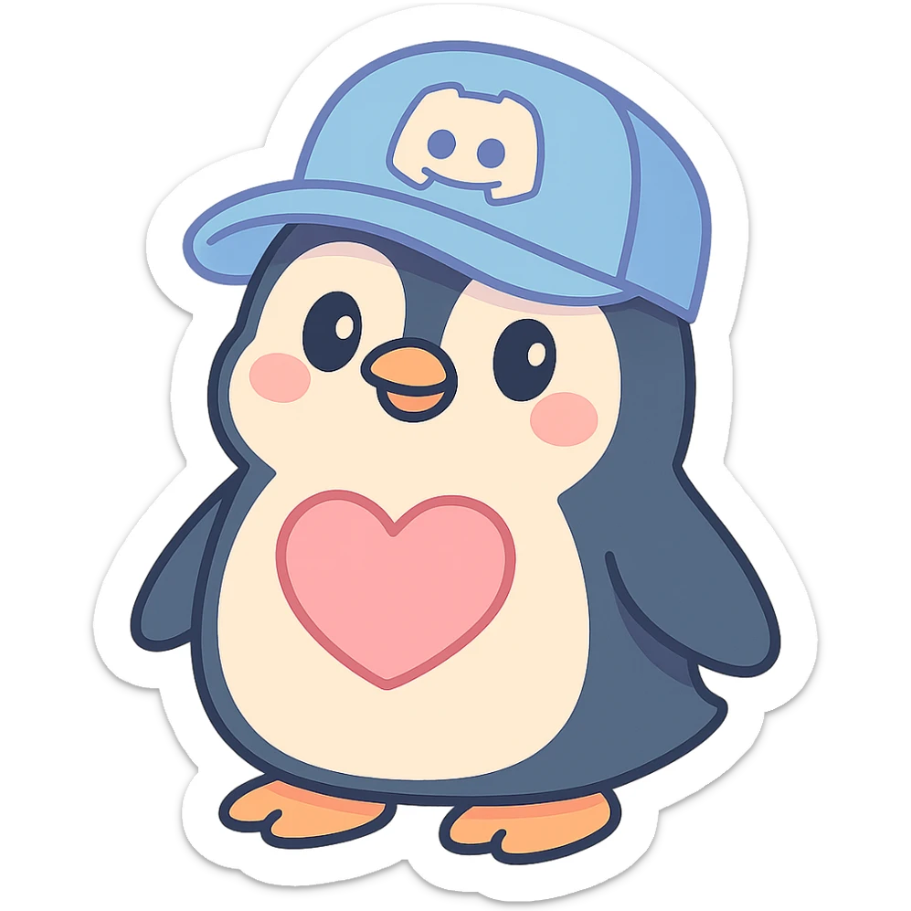 cute penguin with an oversized Discord cap and a big pink heart on its chest in pastel-toon style sticker