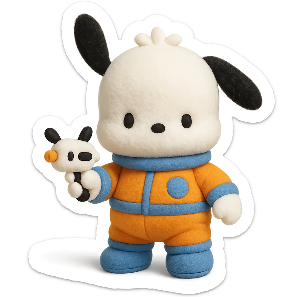 Pochacco holding a cute toy gun, white with black ears, wearing an orange and blue space suit, plushy Popmart doll style, playful and adorable sticker