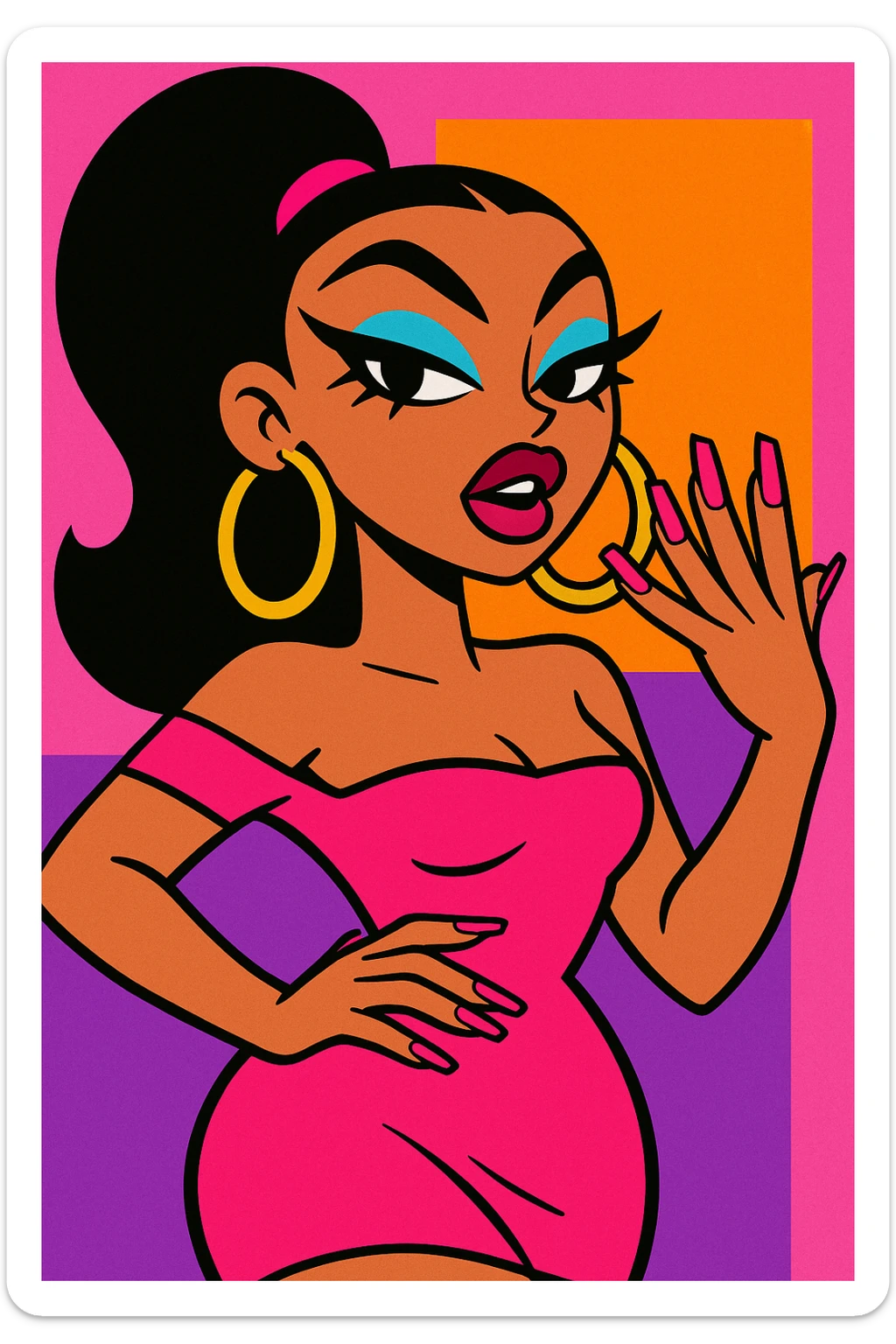 glamorous baddie character showing off manicured nails wearing hoop earrings dramatic eyeliner vibrant toon style sticker