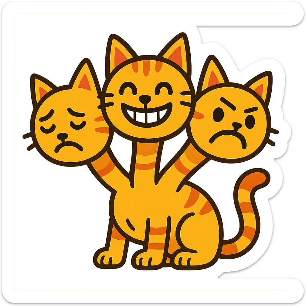 three-headed hydra cat, inspired by the grinning cat emoji, fantasy cartoon, each head showing a different mood, lively and expressive sticker