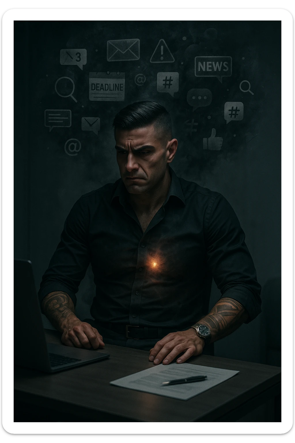 A highly realistic, cinematic image of a young man in his early 30s, sitting at a modern office desk under harsh artificial lighting, shoulders hunched, jaw clenched, and breathing shallowly, symbolizing how modern society forces people to live in a state of chronic tension and restricted breathing. Around him, faint black and grey visual elements represent notifications, deadlines, social media icons, and news alerts, swirling around his head like a chaotic storm, symbolizing societal pressure. His chest appears visually tight and compressed, and faint dark smoke emanates from his body, representing blocked breath and internalized stress. In contrast, a faint glowing light near his chest and abdomen tries to expand, symbolizing the innate desire of the body to breathe freely and deeply. The environment is cold and minimalistic, with a sense of stillness and tension, captured in a hyperrealistic 35mm film style with muted colors, focusing on the man's tense posture and restricted breathing to reflect the unseen burden of modern living. sticker