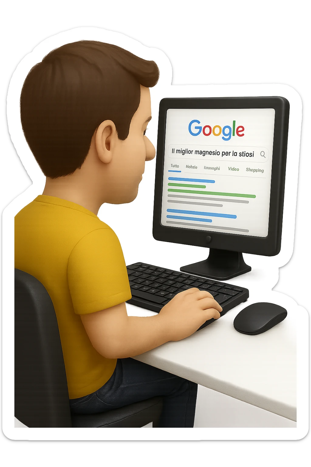 emoji stile iphone di un uomo davanti al pc che cerca di google: "Il miglior magnesio per la stipsi", iperrealistico 4k sticker