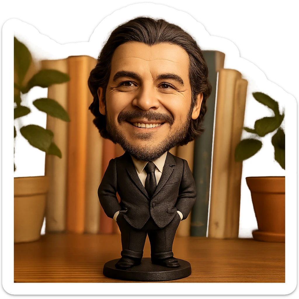 statuette of Che Guevara in a suit and tie, big head, confident smile sticker