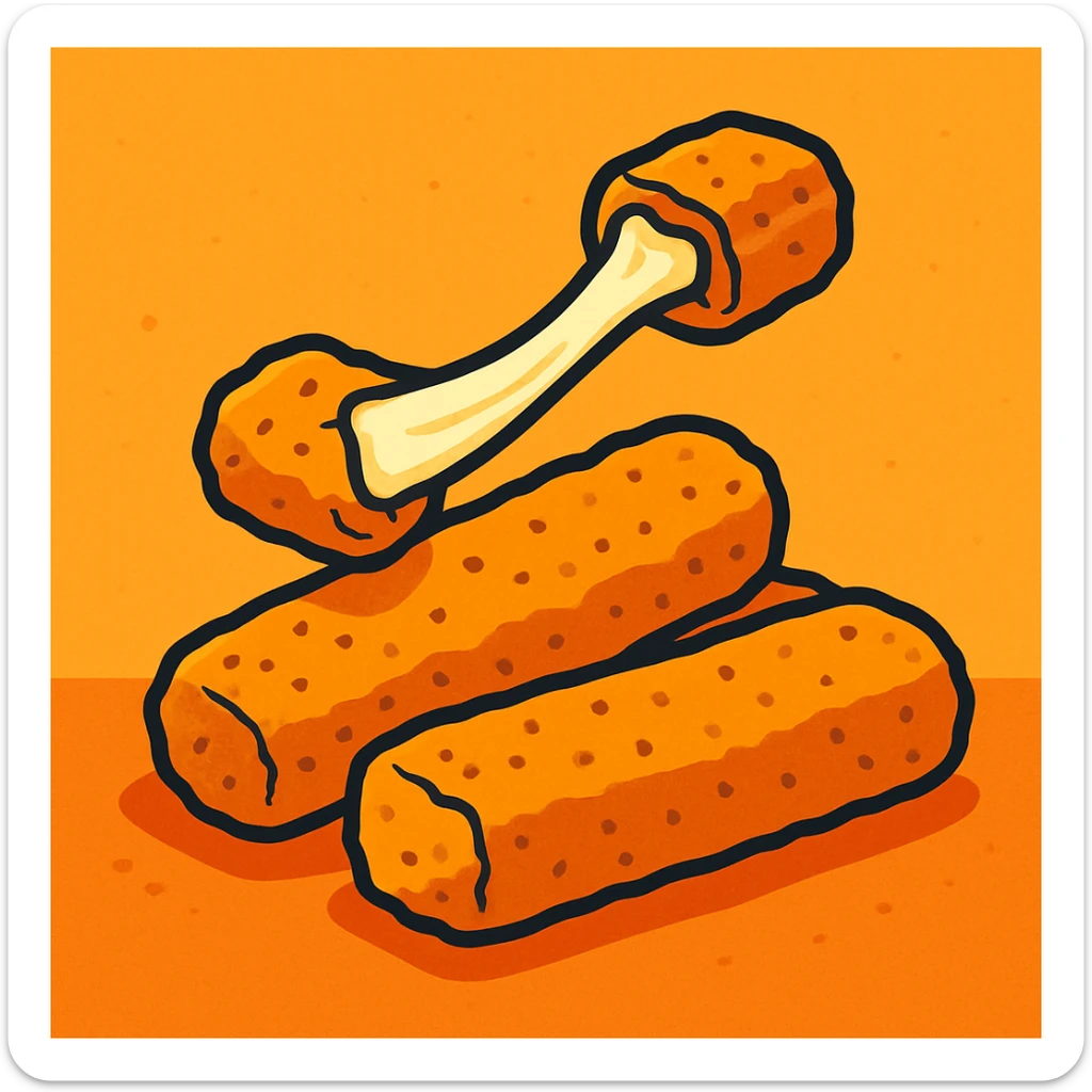 mozzarella sticks, cartoon style, golden brown, gooey cheese, simple background sticker
