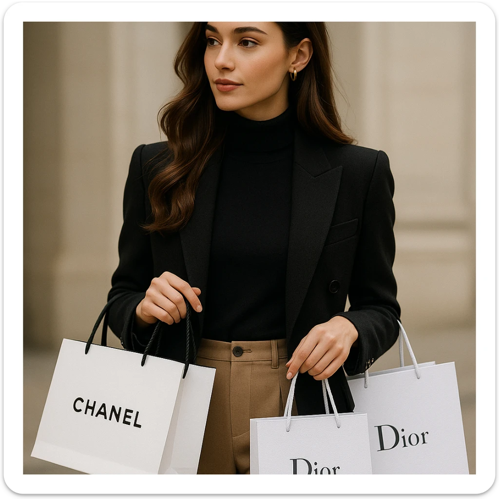 A classy girl carrying Chanel and Dior shopping bags, wearing trendy clothes, sophisticated and graceful. sticker