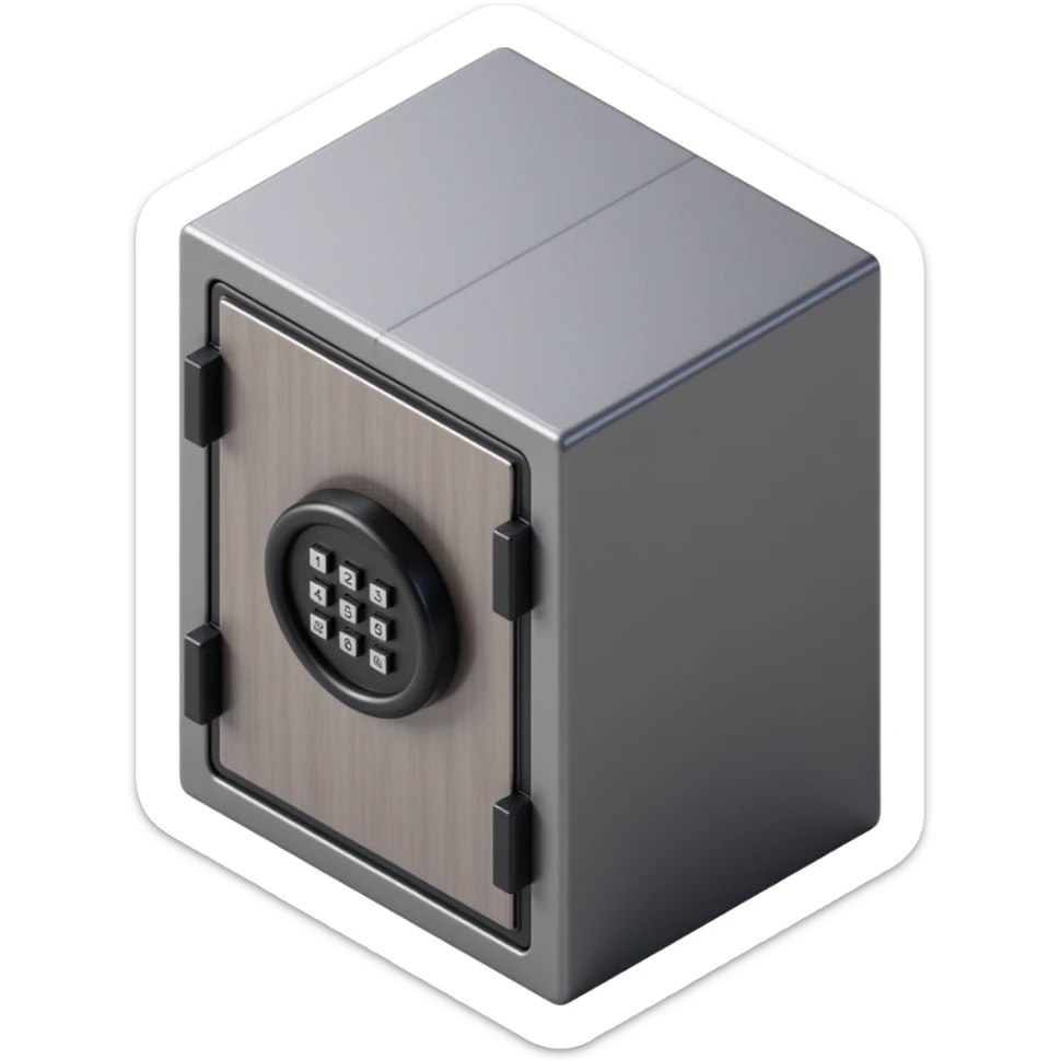 a secure vault with a digital keypad, skeuomorphism style, brushed metal, realistic highlights, tactile buttons sticker