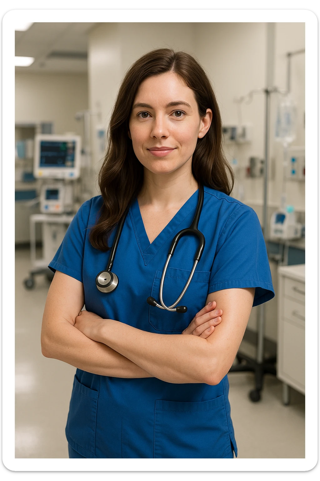 Rebecca as a female doctor, with brown hair, wearing scrubs and a stethoscope, hospital environment sticker