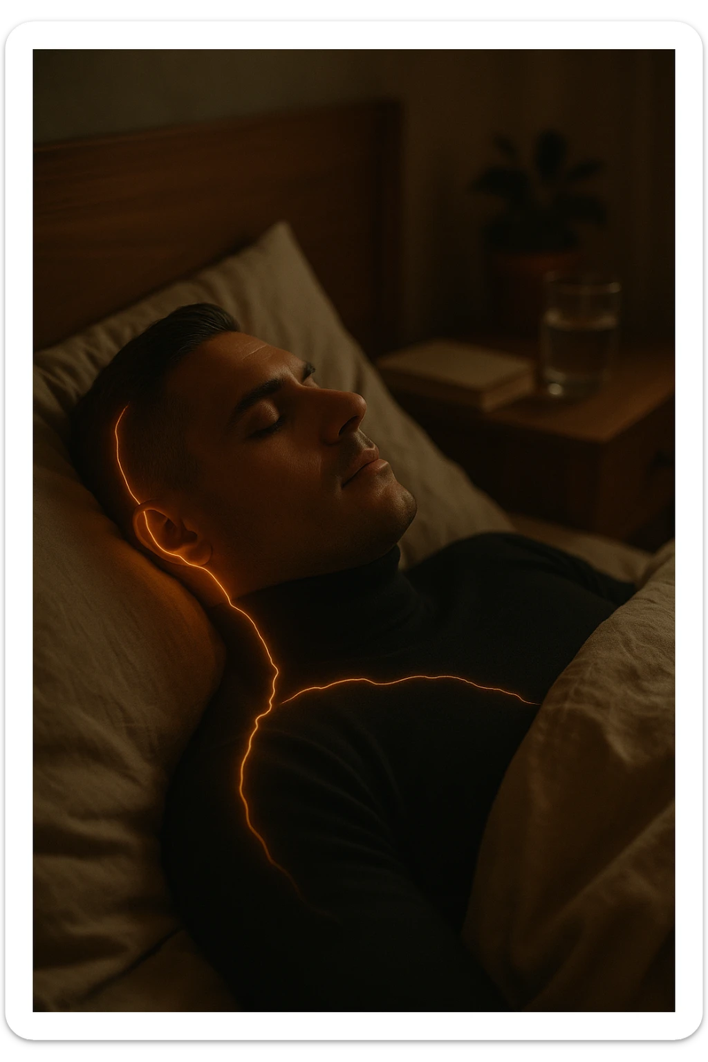 A cinematic close-up of a man in his early 30s sleeping peacefully on his back in a softly lit bedroom. His breathing is calm, chest rising slowly. The sheets are slightly crumpled, natural linen textures in warm beige tones. His face is relaxed, with faint light illuminating the side of his cheek and temple from a nearby window. Around his body, faint glowing lines follow the spine and head, symbolizing deep nervous system recovery and hormonal balance. On the nightstand: a glass of water, a book, and no electronics. The room is quiet and grounded, with natural elements like a small plant and a wooden headboard. Shot in 35mm cinematic style, with warm ambient tones, shallow depth of field, and a peaceful, healing atmosphere sticker
