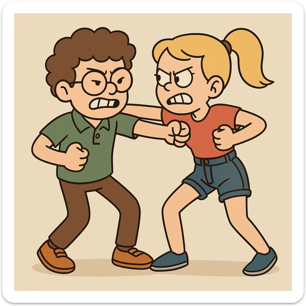 Fighting a boy brown Curly hair circle glasses green Pro polo brown jeans orange shoes and a girl Yellow ponytail hair red shirt high waisted dark blue denim shorts blue shoes sticker