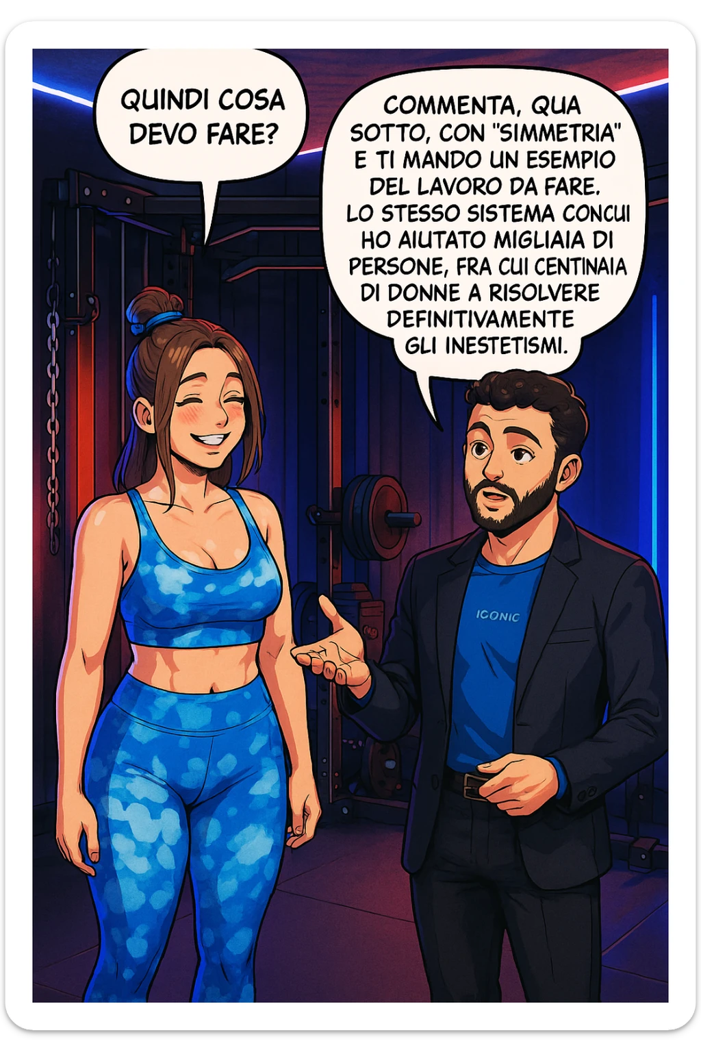 TRASFORMA QUESTO CAROSELLO IN UN FUMETTO STILE WEBTOON/MANGA A COLORI CON QUESTE DUE PERSONE IDENTICHE CHE INTERLOQUISCONO TRA LORO, LA DONNA SEMBRA SOLLEVATA/SODDISFATTA E CONTENTA:

LEI (DONNA): Quindi cosa devo fare?
LUI (UOMO): Commenta, qua sotto, con “simmetria” e ti mando un esempio del lavoro da fare. Lo stesso sistema con cui ho aiutato migliaia di persone, fra cui centinaia di donne a risolvere definitivamente gli inestetismi. sticker