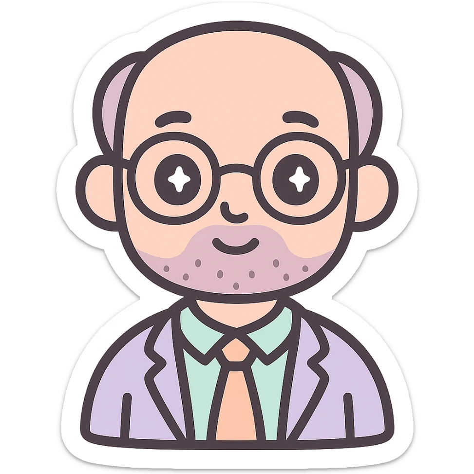 profesor con cabello muy corto, con entradas, barba muy fina y gafas, piel rosada, fondo claro sticker