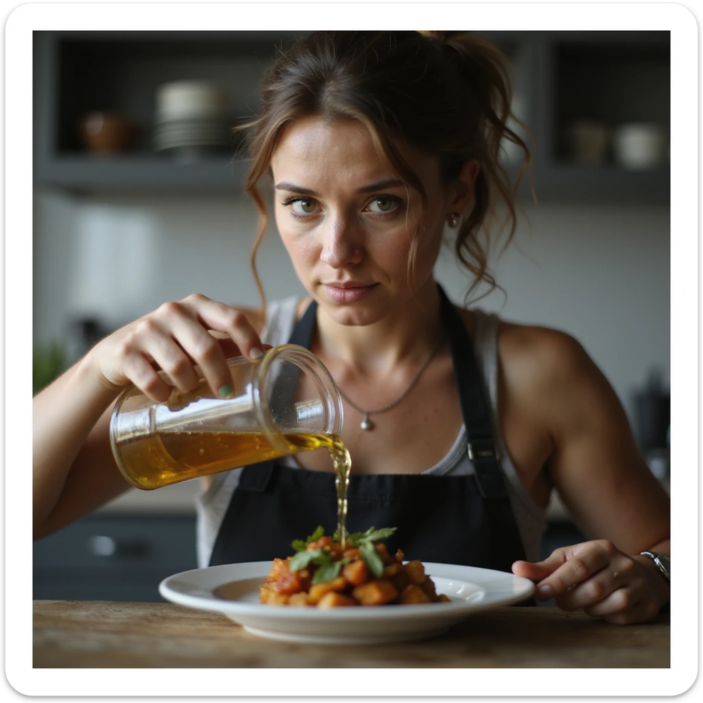 realistic hyper-detailed 4K image of a woman pouring abundant oil or sauce on a small plate of food, with an unaware expression, in a kitchen environment sticker