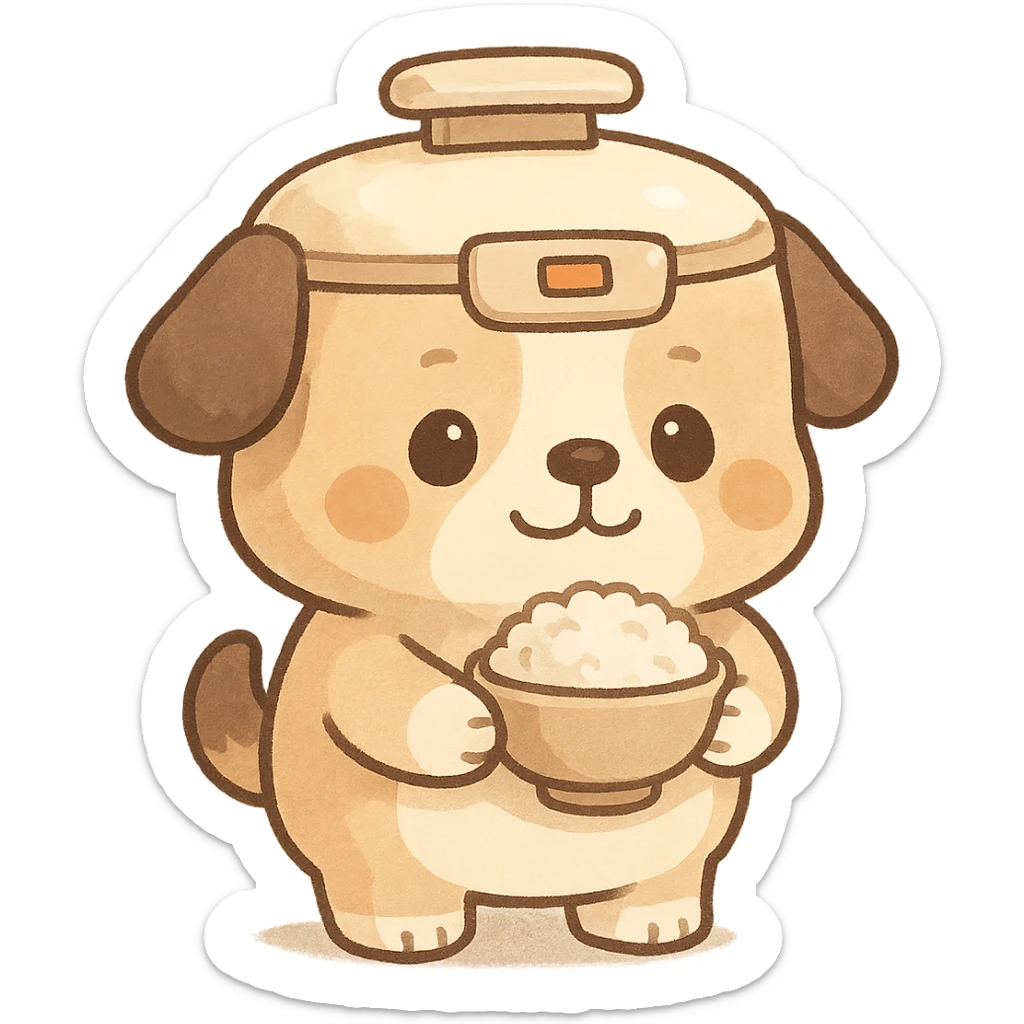 rice cooker dog in chibi style, round belly, holding a rice bowl, soft cream and brown palette, full-body sticker