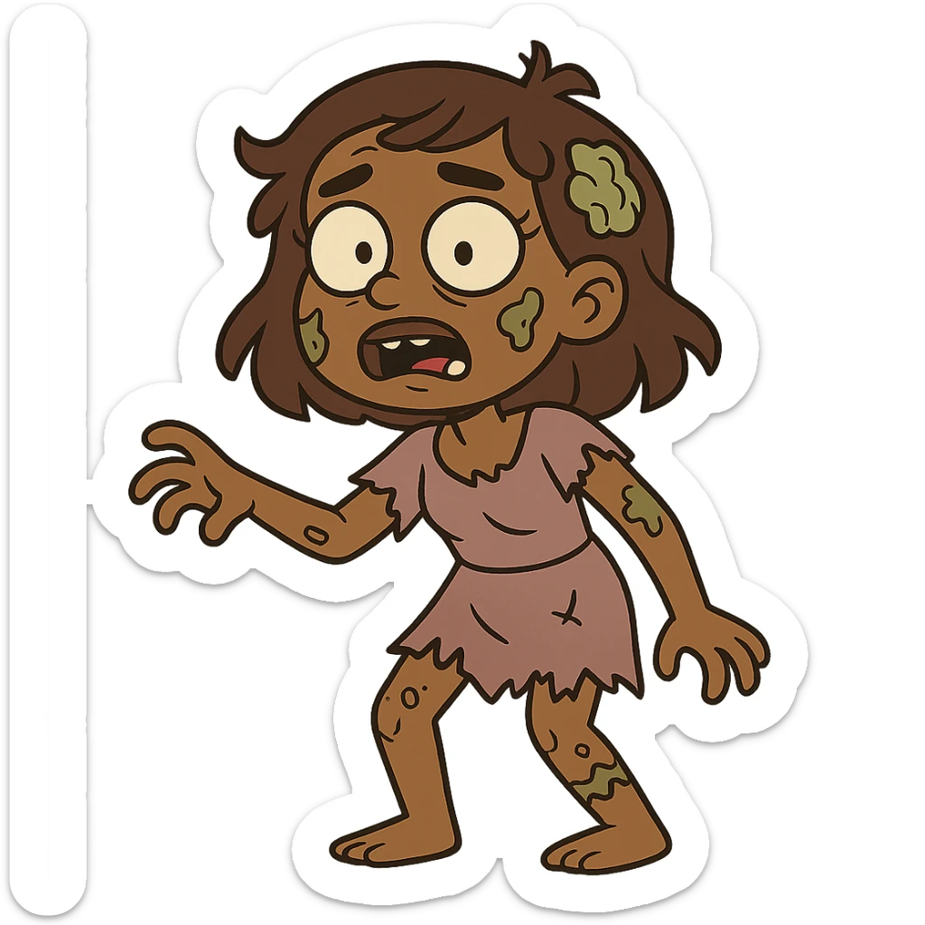 brown-skinned zombie girl, cartoon style, visible zombie details, expressive face sticker