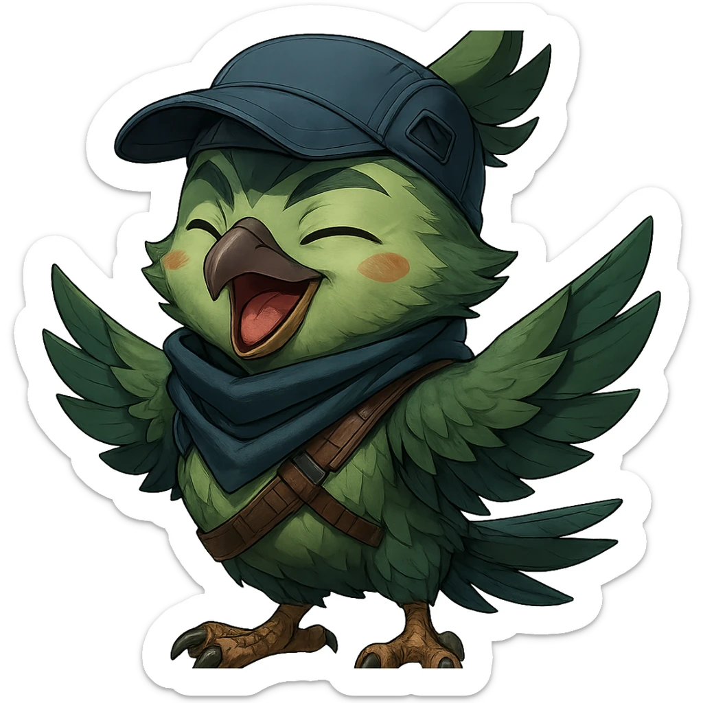 Make the anime style green bird inspired by Valorant agent Falko with a happy expression, more detailed, with no background. Preserve the anime style and green bird characteristics. sticker