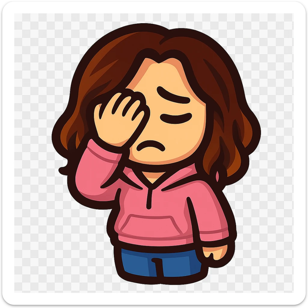 chibi emote of the woman from the reference images, wearing a pink hoodie and jeans, facepalming, no headband, no wand, transparent background sticker