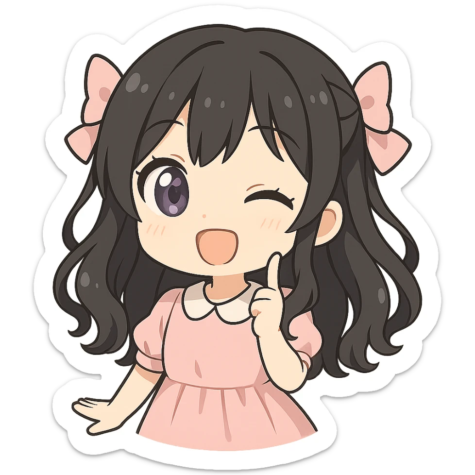 Change hair color to black, keep anime girl with purple eyes, chibi style, playful expressions, pastel colors, no background. sticker