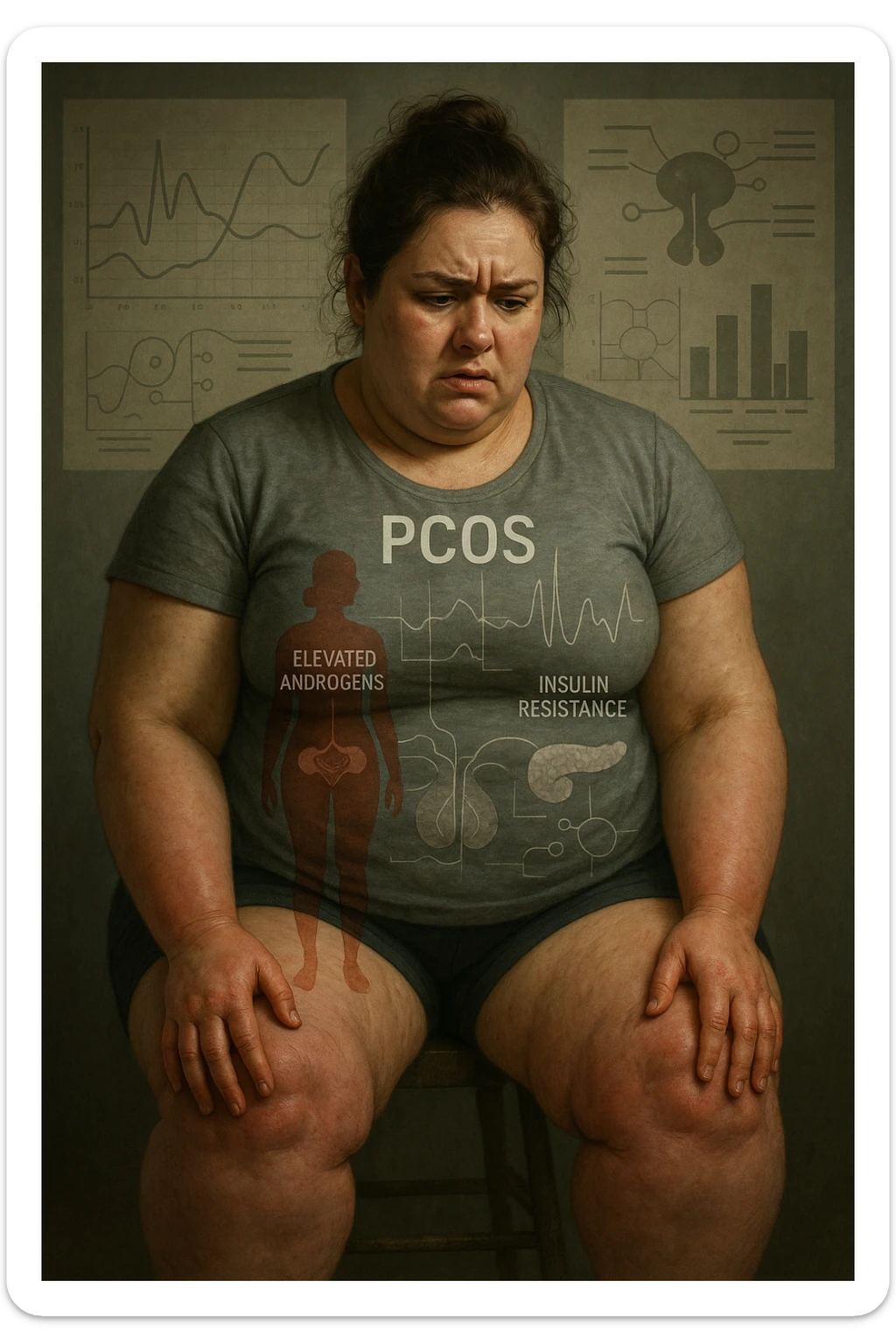 cinematic realistic in italiano Woman with PCOS struggling with hormonal chaos, transparent overlay showing elevated androgens and insulin resistance affecting her body, lipedema causing disproportionate fat accumulation in legs and arms despite normal torso, expression of frustration with unexplained weight gain, medical charts showing complex endocrine dysfunction, painful swollen limbs contrasting with metabolic confusion scrivi in italiano sticker