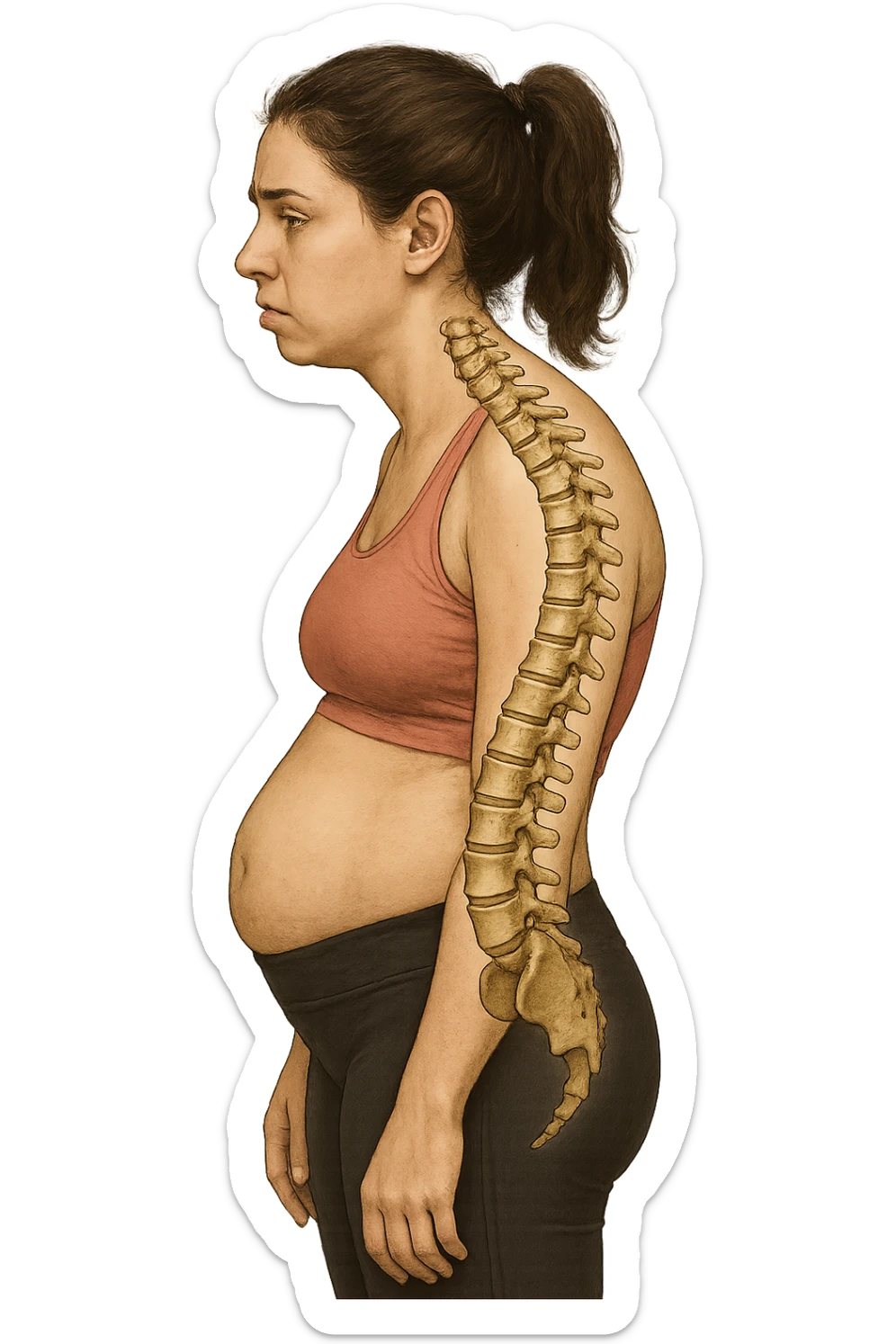 DONNA GIOVANE FITNESS DI PROFILO CON LA POSTURA SBAGLIATA, SPINA DORSALE UMANA ANATOMICA REALISTICA IN EVIDENZA, LA PANCIA IN FUORI E LE SPALLE CHIUSE sticker