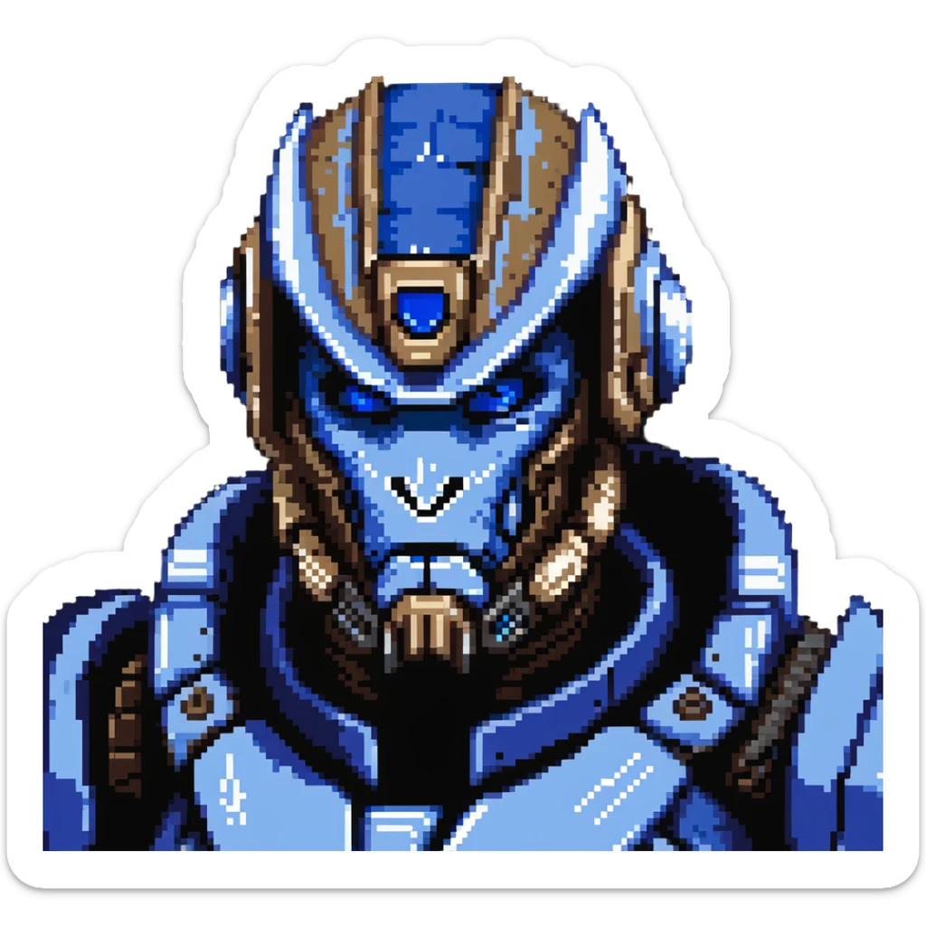 Garrus Vakarian from Mass Effect, turian with blue facial markings and targeting visor sticker