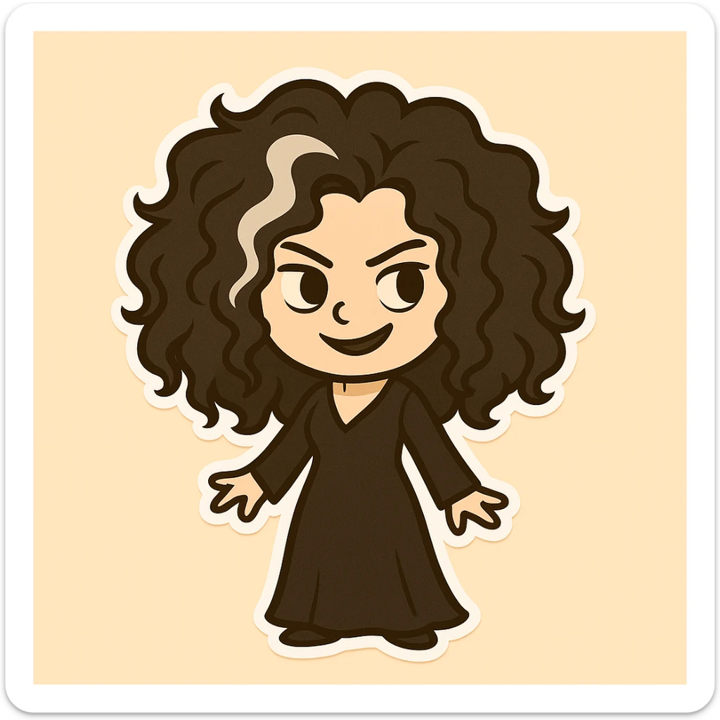 Add a highlighted white streak in the black, voluminous, messy, curly hair of Belatrix, keeping the chibi sticker style, wearing a long black dress, with a mischievous expression, and a light beige background. sticker
