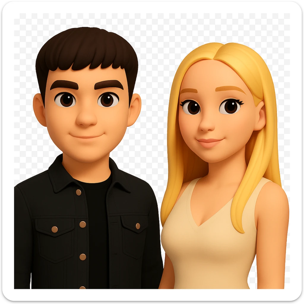 Slightly increase the volume of the upper body of the girl, separate the girl and the boy from each other, make the skin color the same for both characters. Maintain the cartoonish 3D style as in the reference image, with a transparent background. sticker