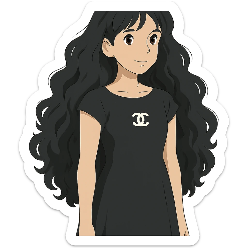 light skin girl with black very long curly hair, brown eyes, wearing a black Chanel dress, in ghibli style sticker