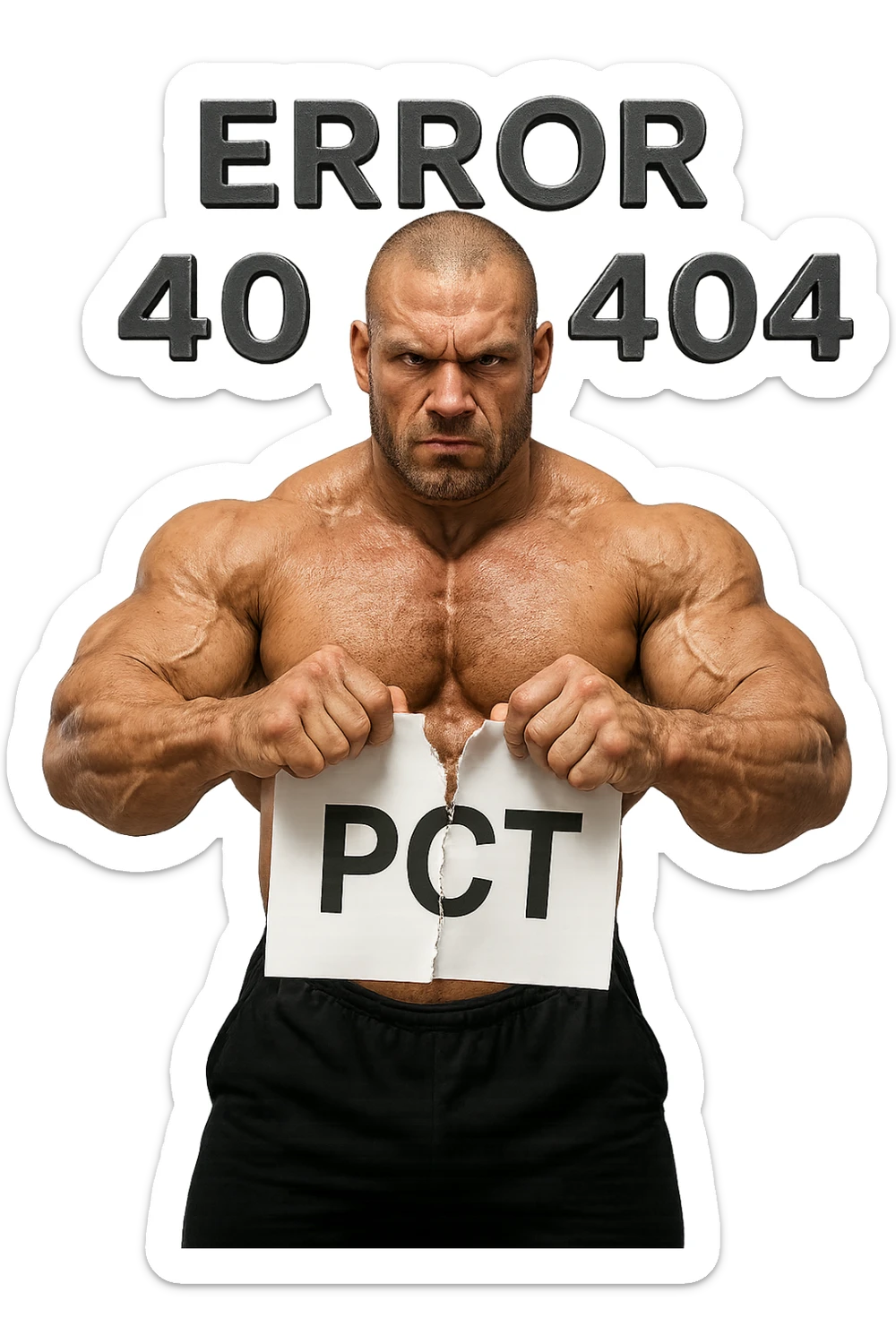 bodybuilder che strappa un foglio con la scritta "PCT" INTORNO A LUI FLUTTUANO LE PAROLE "ERROR 404", IPERREALISTICO 4K sticker