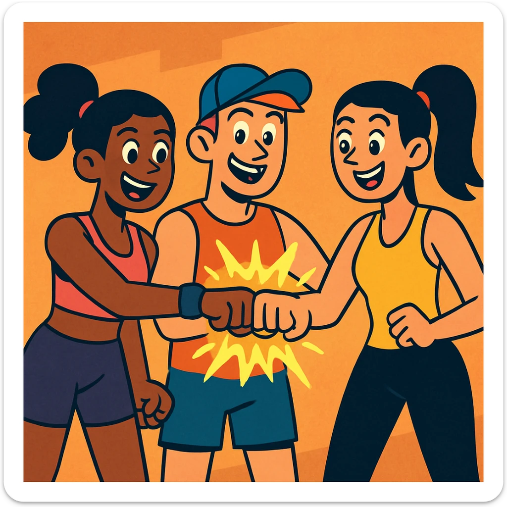 Three fit characters, cheerful, fist bumping, glowing energy, urban cartoon style, bright and vibrant colors, active fitness theme. sticker