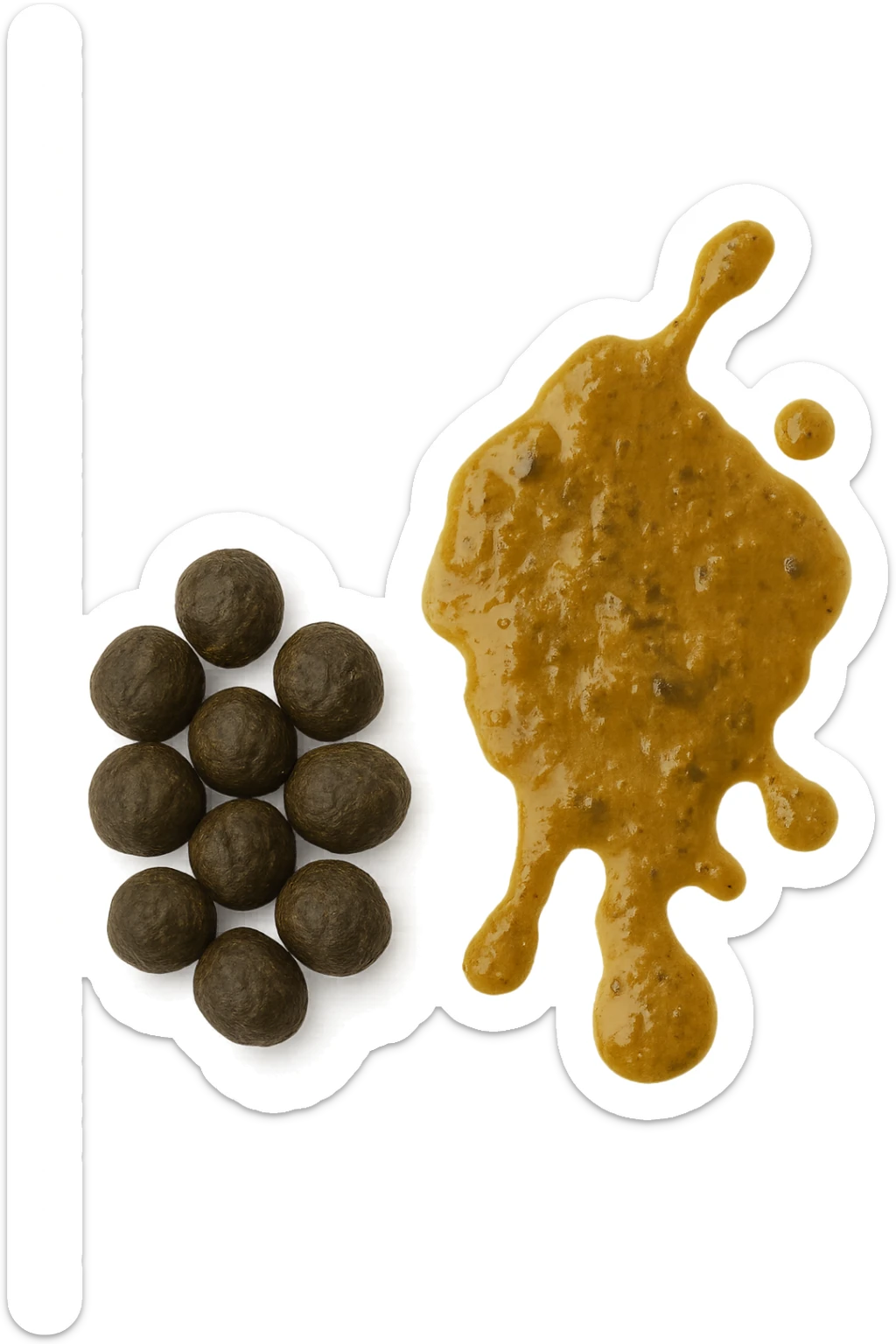 feci di animale a palline viste dall'alto e feci di animale liquide e gialline viste dall'alto, iperrealistico 4k sticker