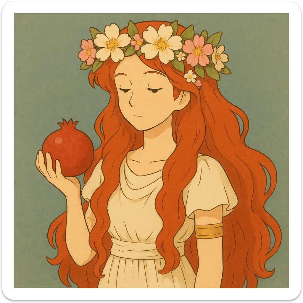 Add a crown of flowers to Persephone's head, keeping the Ghibli style and her red hair, elegant and ethereal. sticker
