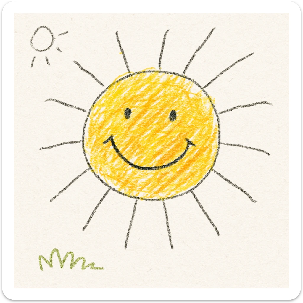 a smiling sun with rays, children's doodle style sticker