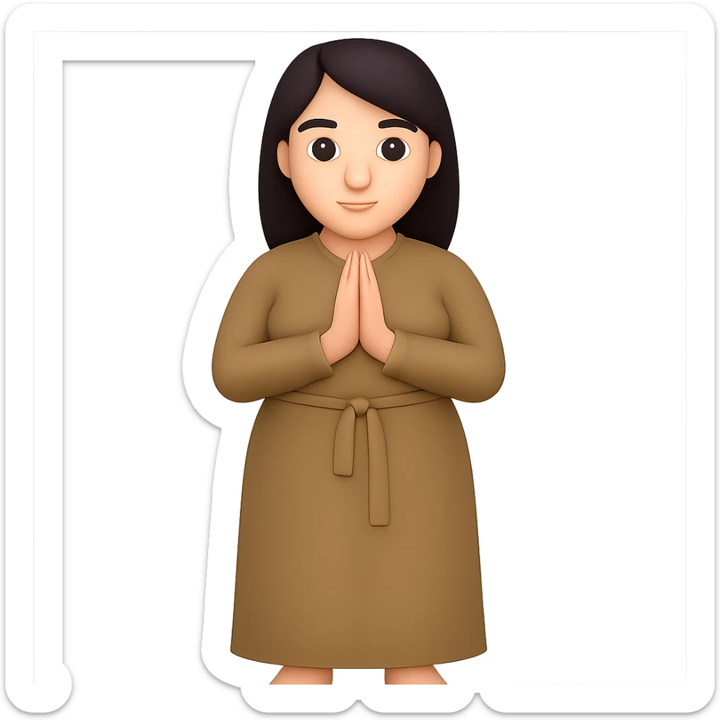 Make the woman have a normal, buxom body, standing and praying from the front view, wearing a long tan dress, with dark brown hair, in emoji style. Remove the background completely. sticker