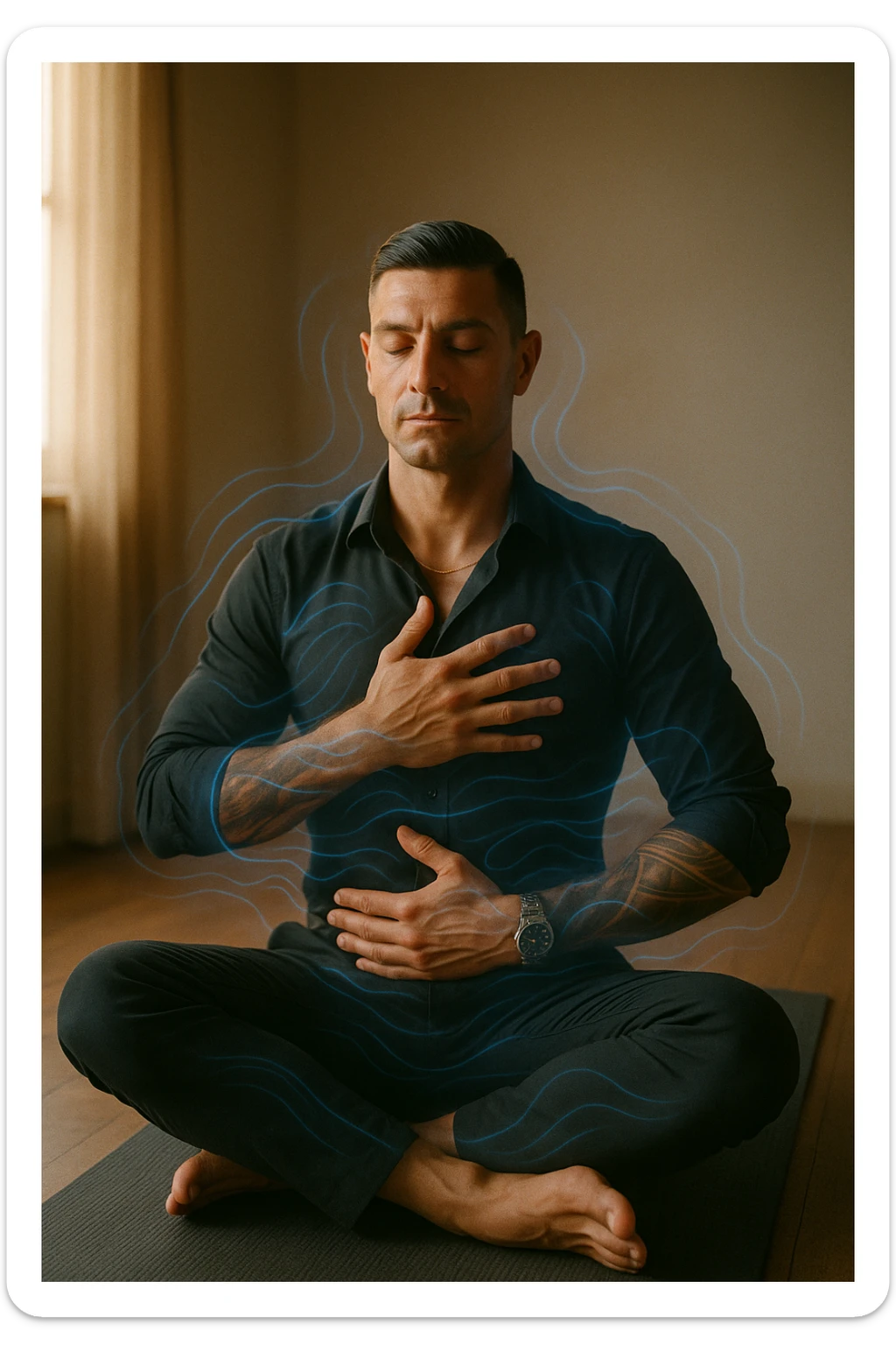 A highly realistic, cinematic portrait of a man in his early 30s with a calm, focused expression, sitting cross-legged on a yoga mat in a softly lit room. His eyes are closed, and he is performing deep diaphragmatic breathing, with one hand resting on his chest and the other on his abdomen, visibly rising and falling with each breath. A subtle glow or faint blue light outlines his body, symbolizing calm energy and nervous system regulation. Around him, faint symbolic waves or flowing lines in blue tones represent the breath calming the autonomic nervous system, while a soft warm light from a window illuminates his relaxed face. The atmosphere is peaceful and grounded, with warm natural tones and a clean, minimalist setting, evoking the feeling of inner calm and nervous system reset through conscious breathing. Style: 35mm hyperrealistic film photography, soft depth of field, warm lighting with clear focus on the man's peaceful face and breathing posture sticker
