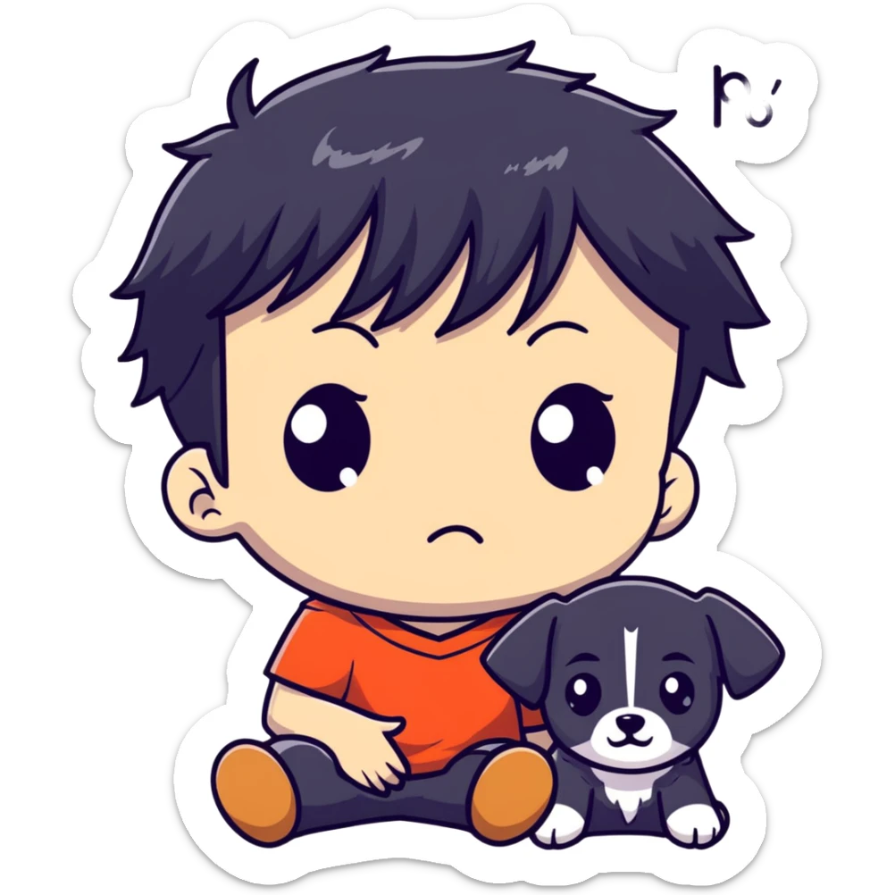 Chibi anime boy with black hair about to cry, puppy dog eyes and tears welling in his eyes  sticker