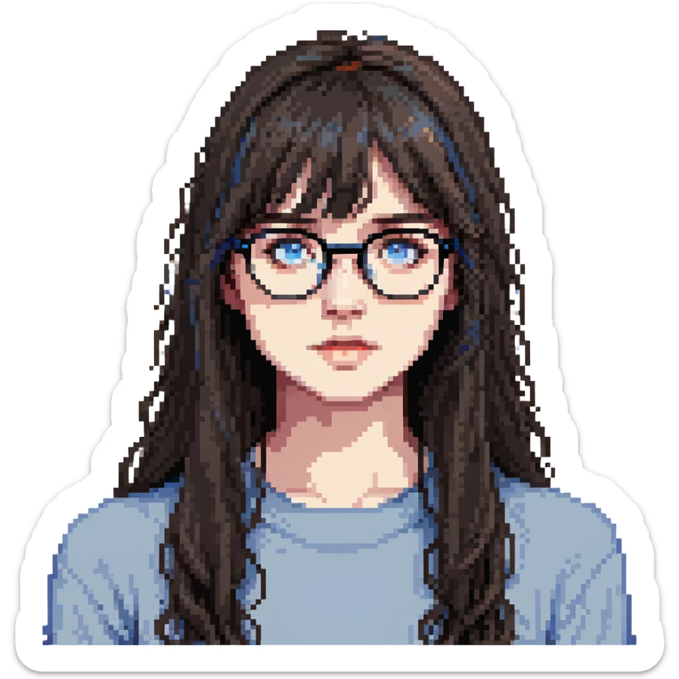 teenage girl with long dark brown hair, bangs, blue eyes, round glasses with thin black frames sticker