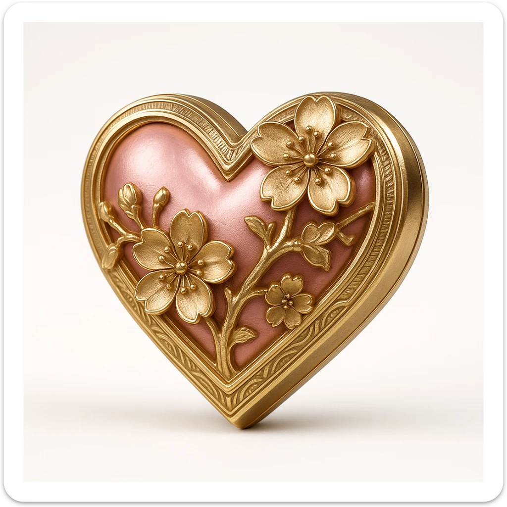 pink heart with sakura flowers, gold style sticker