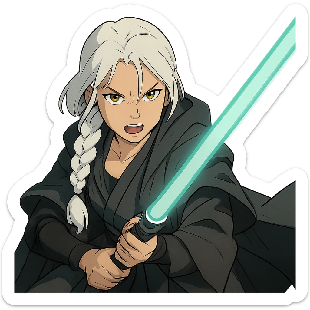  a closeup portrait of young woman with gold yellow eyes, white hair, long braid, black off-shoulder top, punk gothic style, futuristic cyberwave cyberpunk,  jedi attire and posture robes of a padawan, foreweilding a bright blue-green lightsaber, angry fierce face expression, power stance, wide angle shot sticker