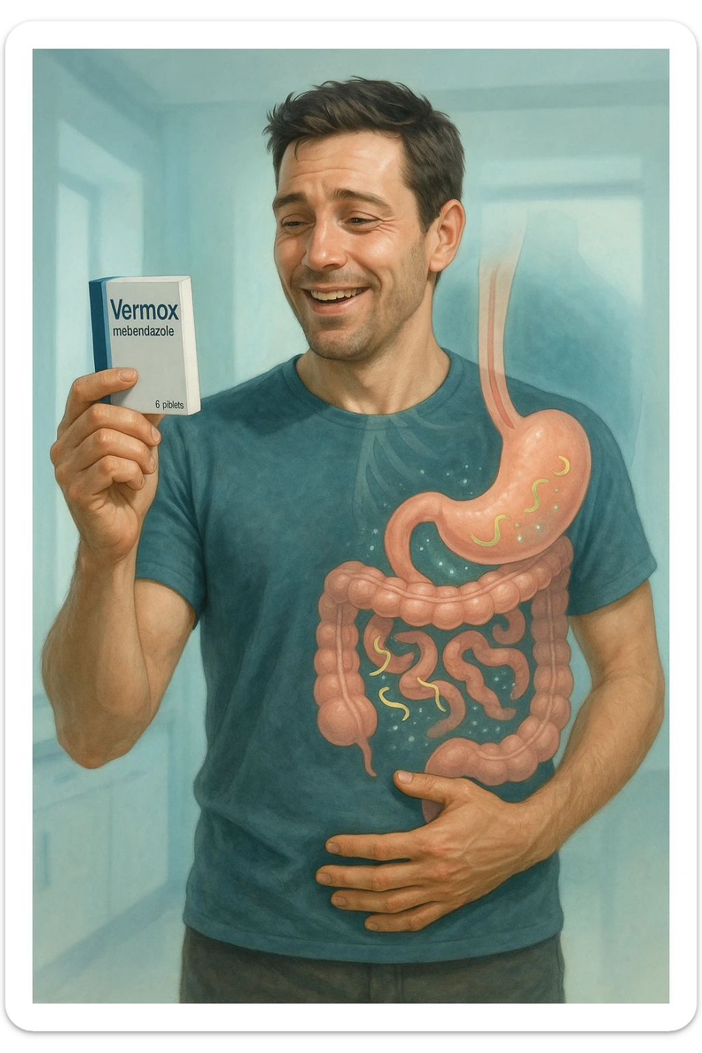 A realistic, cinematic illustration of a man in his late 30s holding a small white box of ‘Vermox’ (mebendazole) in one hand, with a relieved and hopeful expression on his face. Behind him, a semi-transparent overlay shows his digestive tract where small, symbolic worm-like parasites are dissolving and disappearing, indicating the medication’s effect. The environment is clean and bright, with a medical yet hopeful tone, conveying the concept of effective parasite removal. Subtle blue and green tones symbolize cleansing and health restoration, while the man appears energized and ready to reclaim his well-being sticker