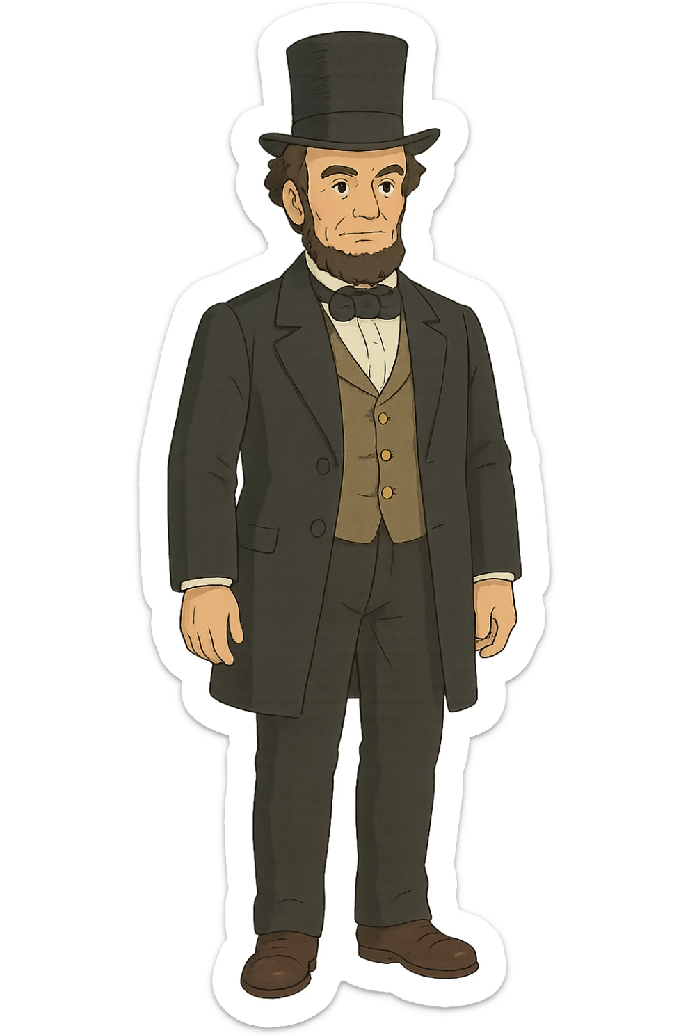 The full body of a US government politician or president from the 1850s wearing a top hat sticker