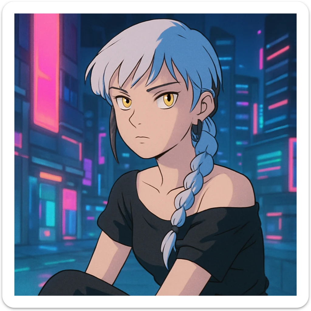 closeup portrait of young woman with gold yellow eyes, white hair in a long braid, black off-shoulder top, punk gothic style, futuristic cyberwave, sitting position, neon city lights in background, ghibli style sticker