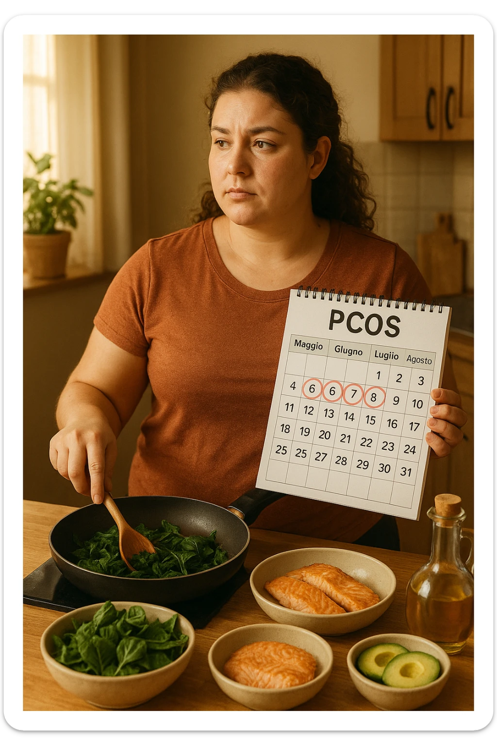 Donna con PCOS che tiene un calendario con i mesi "Maggio, Giugno, Luglio, Agosto" cerchiati, mentre prepara un pasto equilibrato con alimenti antinfiammatori (verdure a foglia, grassi sani, proteine magre). Espressione paziente e determinata. Atmosfera di impegno quotidiano, luce calda e naturale. sticker