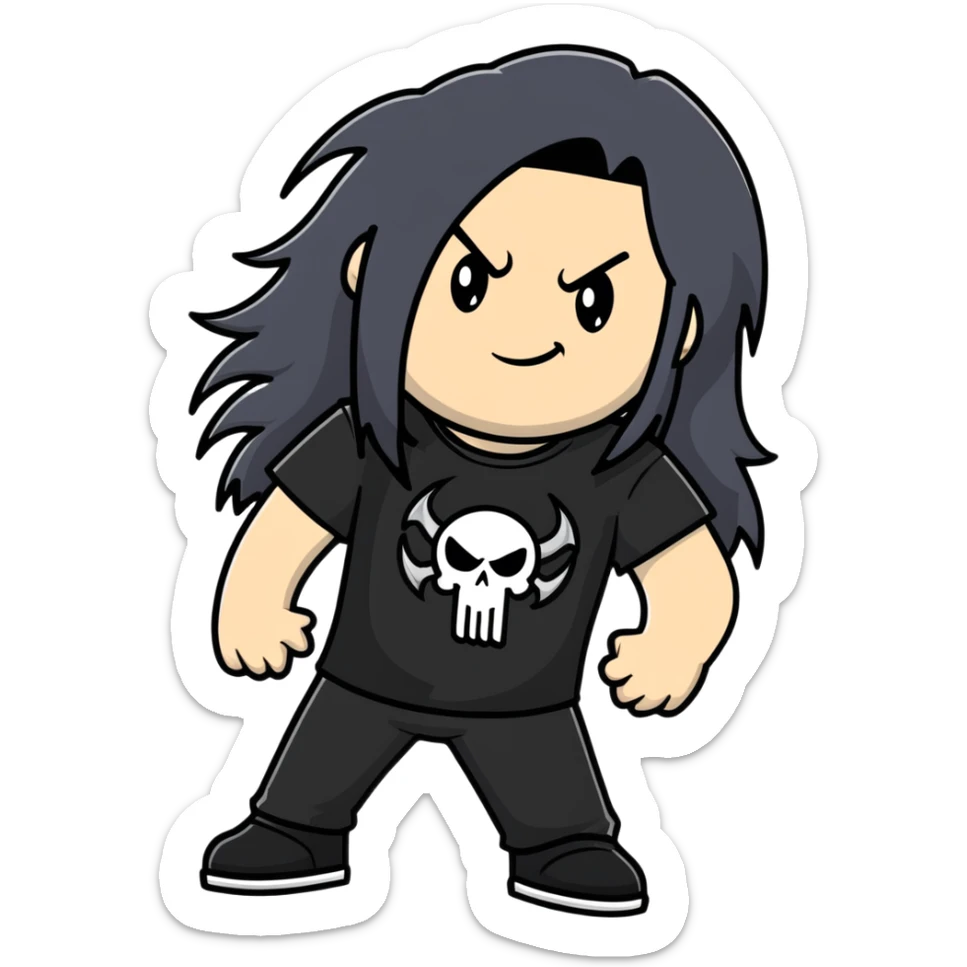 A metalhead with long flowing black hair, wearing a black heavy metal t-shirt, smirking confidently sticker