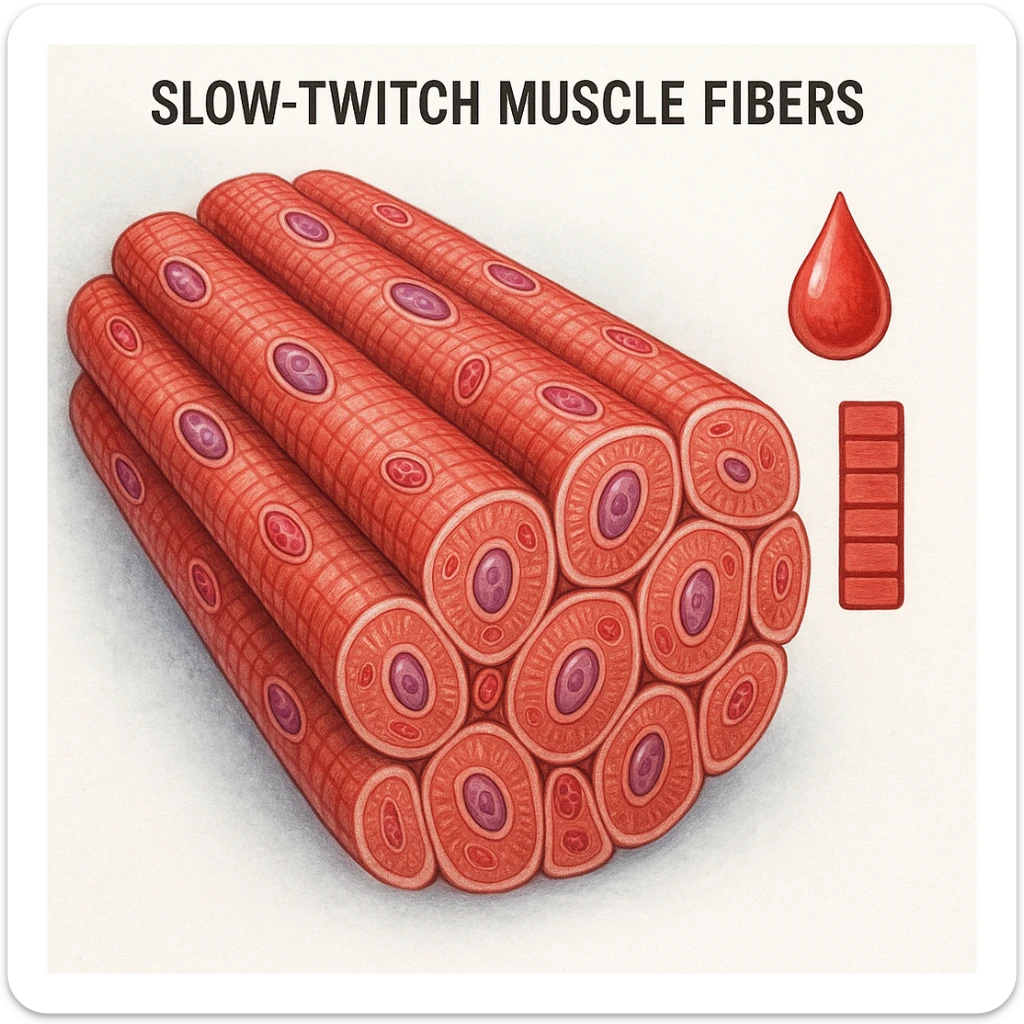 hyper realistic illustration of slow-twitch muscle fibers with compact and saturated appearance, minimal hypertrophic growth, cellular details, saturation symbols like drops or full bars, clinical atmosphere, white background sticker