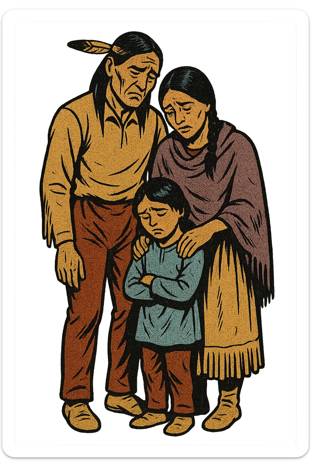 The full bodies of a sad native American family from the 1850s who are standing close together. sticker