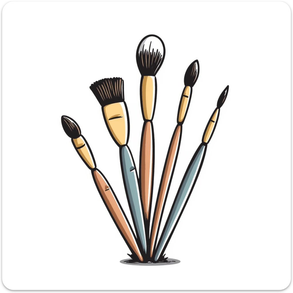 A set of artist paintbrushes in different sizes and shapes with wooden handles in pastel colors (dd9fb0, ffc6d3, a3bfc9, c4bee2, f1b091), hand-drawn doodle style sticker